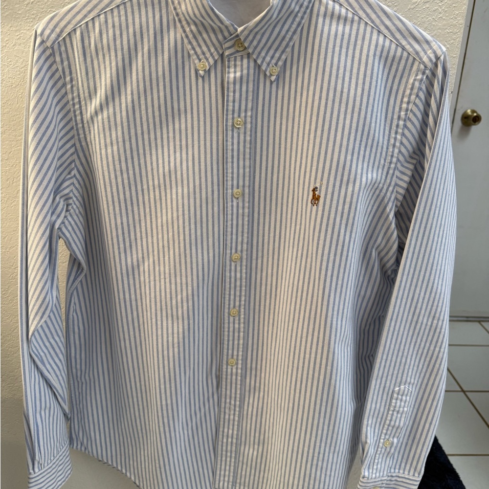 Ralph Lauren Light Blue and White Striped Shirt Medium